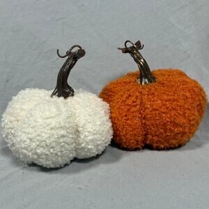 Set of Two Plush Sherpa Decorative Pumpkins, Fall Home Decor